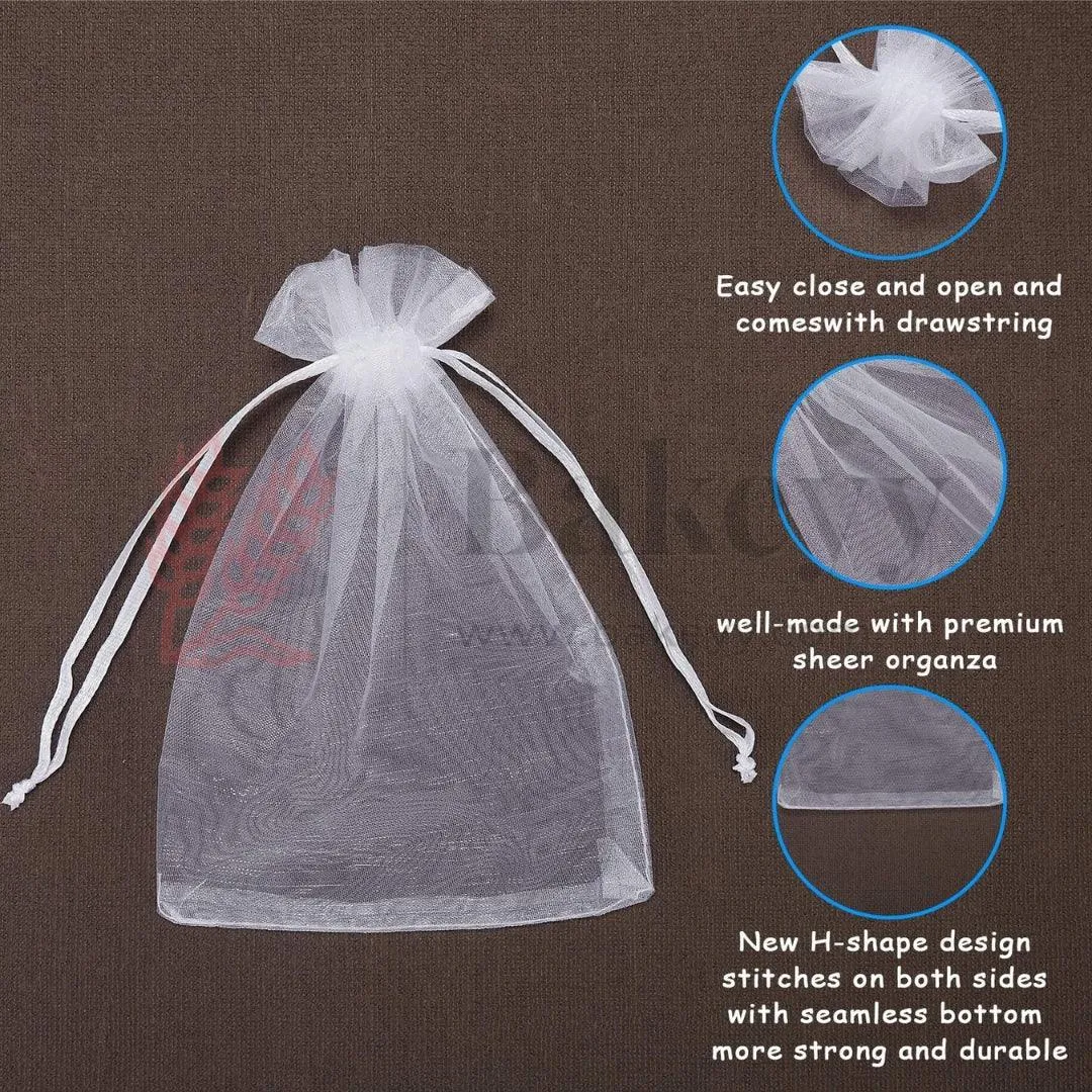 7x12cm| White Organza Drawstring Bag| Potli Bag for Gifting Chocolates, Jewellery| Perfect for Small Items| Pack of 50