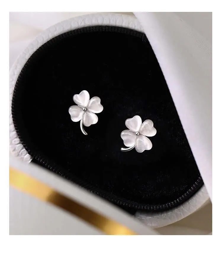 925 Silver Cat's Eye Four Leaf Clover Earrings