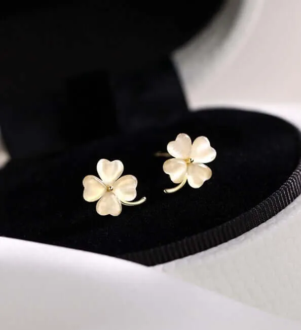 925 Silver Cat's Eye Four Leaf Clover Earrings