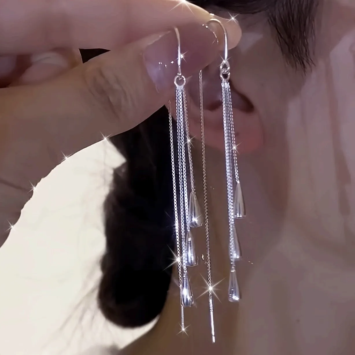 925 Silver Long Water Drop Tassel Earrings