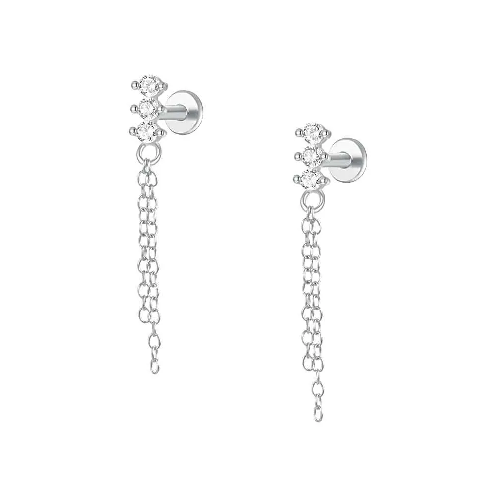 925 Silver Three Ball Tassel CZ Diamond Flat Earrings