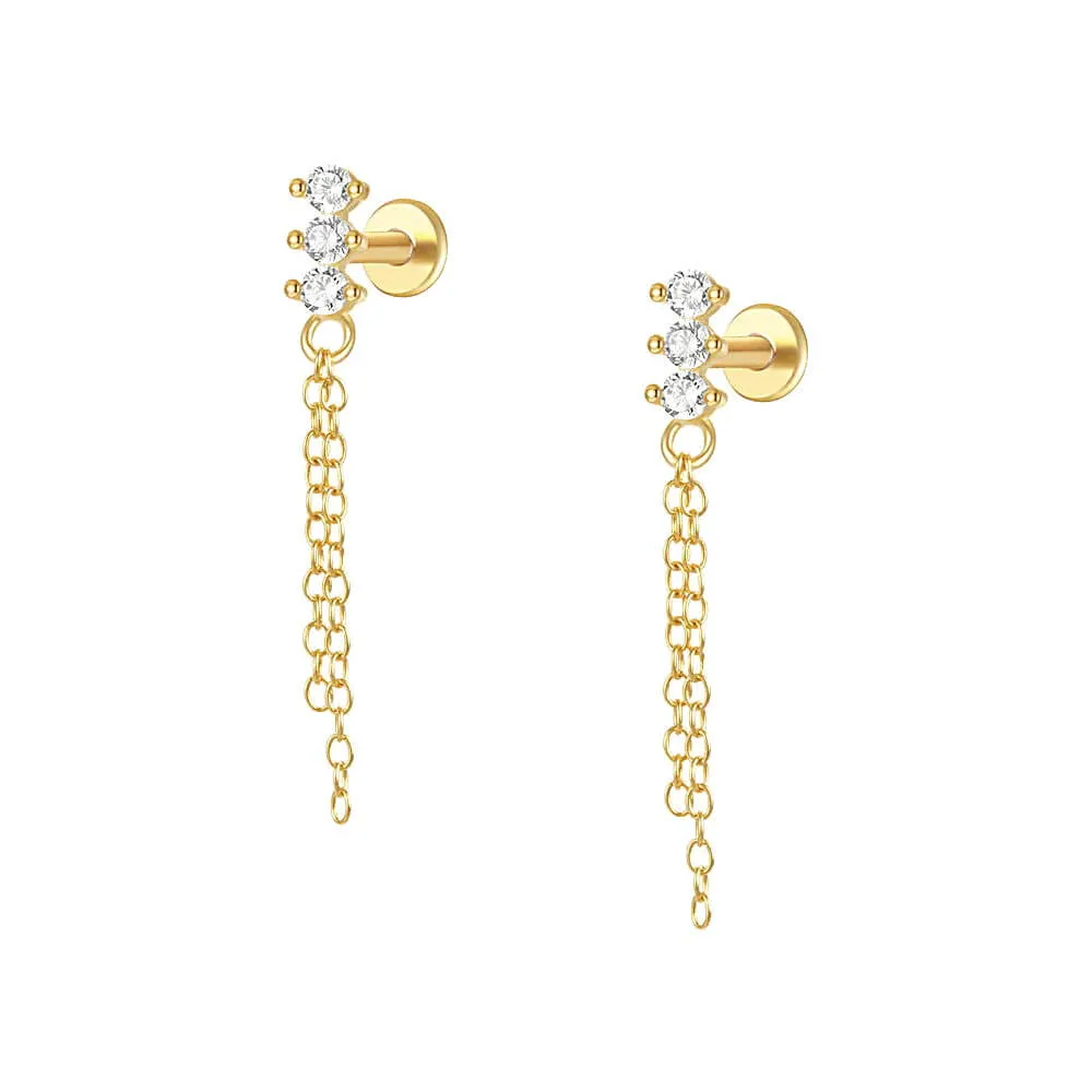 925 Silver Three Ball Tassel CZ Diamond Flat Earrings
