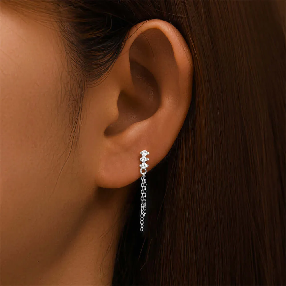 925 Silver Three Ball Tassel CZ Diamond Flat Earrings
