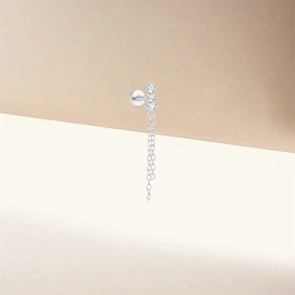 925 Silver Three Ball Tassel CZ Diamond Flat Earrings