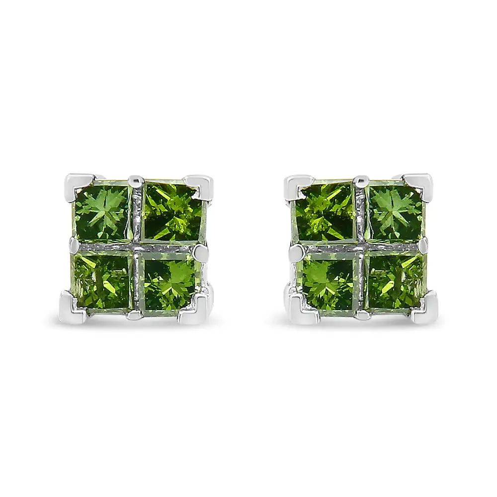 .925 Sterling Silver Treated Green Princess-cut Diamond 4 Stone Composite Quad Stud Earring (Green Color, I1-I2 Clarity)