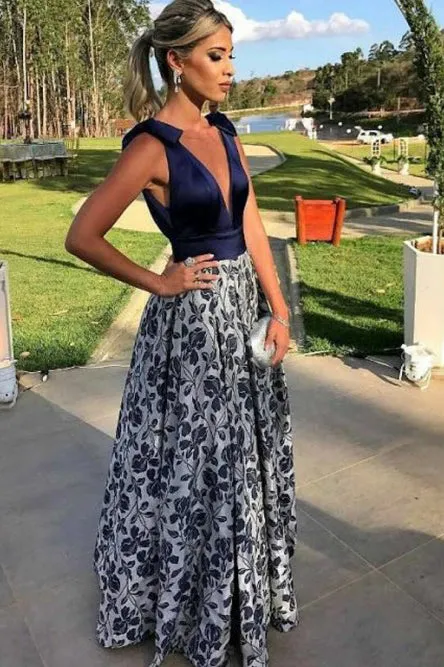 A-Line Deep V-Neck Floor-Length White Printed Prom Dress with Bowknot OHC088
