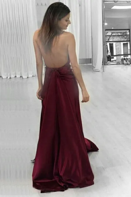 A-Line Halter Backless Burgundy Satin Prom Dress with Split L055