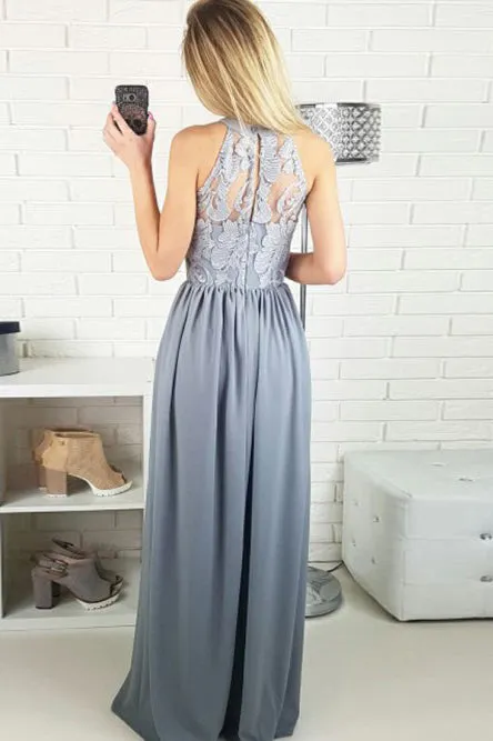 A-Line Jewel Floor-Length Grey Chiffon Prom Dress with Lace OHC052