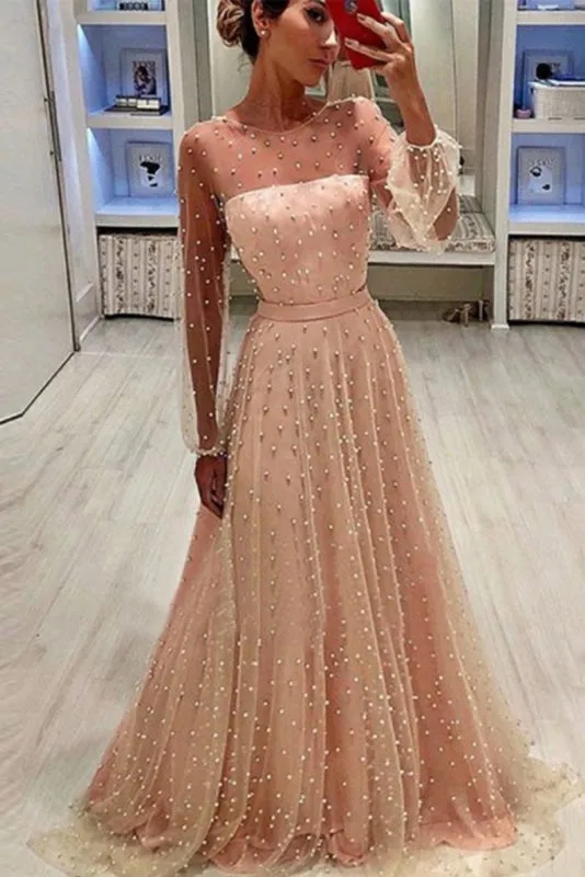 A-Line Jewel Sleeves Pearl Pink Long Prom with Pearls Unique Formal Dress