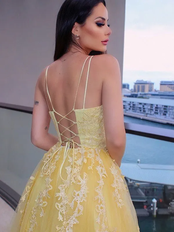 A Line Lace Long Sleeveless Prom Dresses Yellow Spaghettis Straps