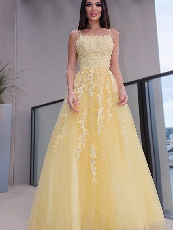 A Line Lace Long Sleeveless Prom Dresses Yellow Spaghettis Straps
