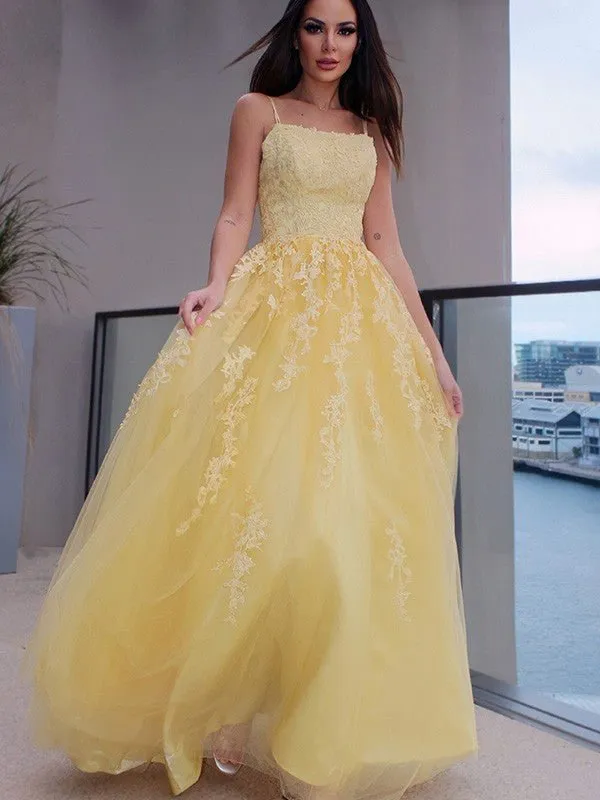 A Line Lace Long Sleeveless Prom Dresses Yellow Spaghettis Straps