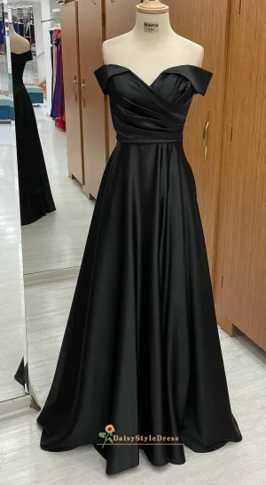 A line Off Shouder Sleeve Black Prom Dress