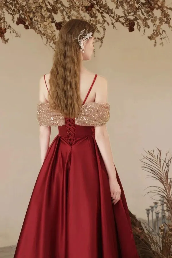 A Line Off Shoulder Sweetheart Neck Tea Length Burgundy Prom Dress APP1025