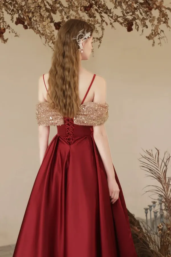 A Line Off Shoulder Sweetheart Neck Tea Length Burgundy Prom Dress APP1083