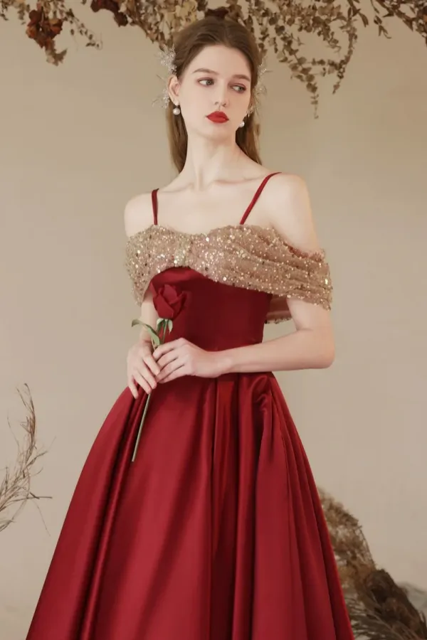 A Line Off Shoulder Sweetheart Neck Tea Length Burgundy Prom Dress APP1083
