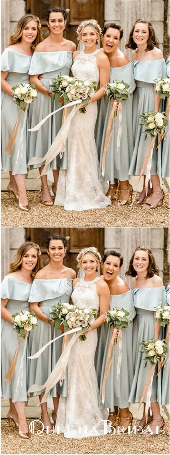 A-Line Off-the-Shoulder Blue Satin Tea Length Bridesmaid Dresses, QB0724