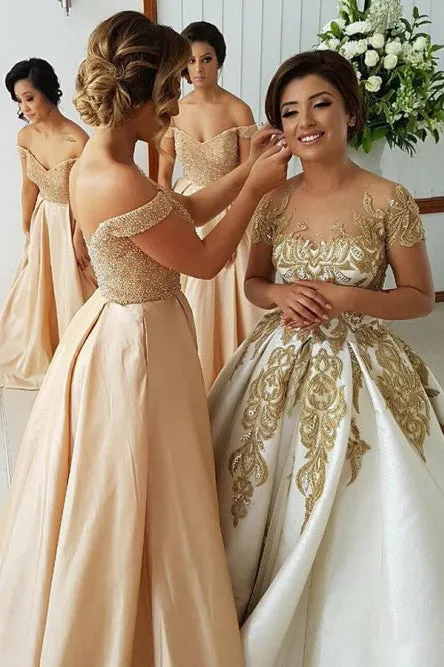 A-Line Off-the-Shoulder Bridesmaid Dress with Sequins Pockets OHS031
