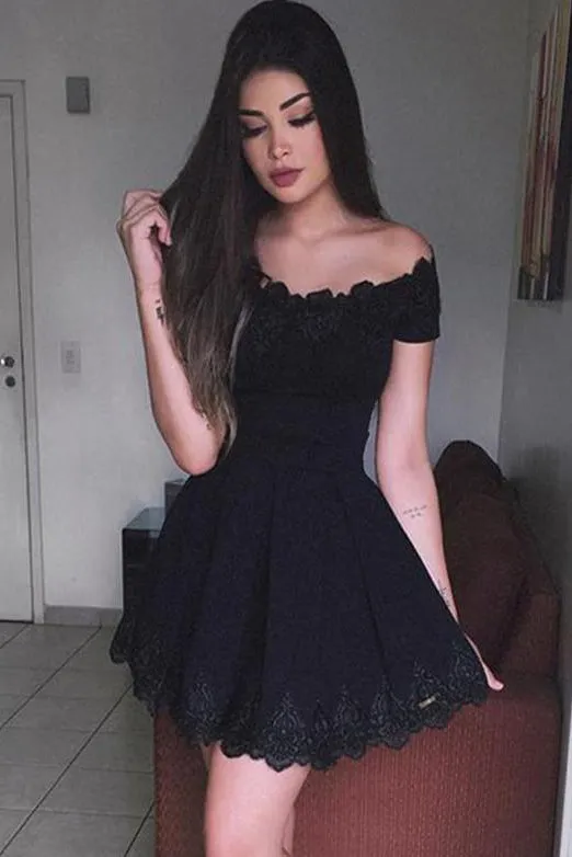 A Line Off the Shoulder Lace Homecoming Dress with Appliques OHM071