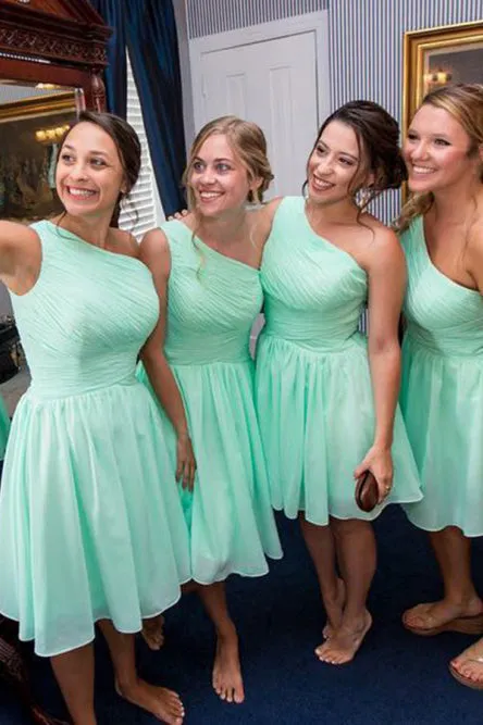 A-Line One-Shoulder Knee-Length Chiffon Bridesmaid Dress with Ruched OHS041