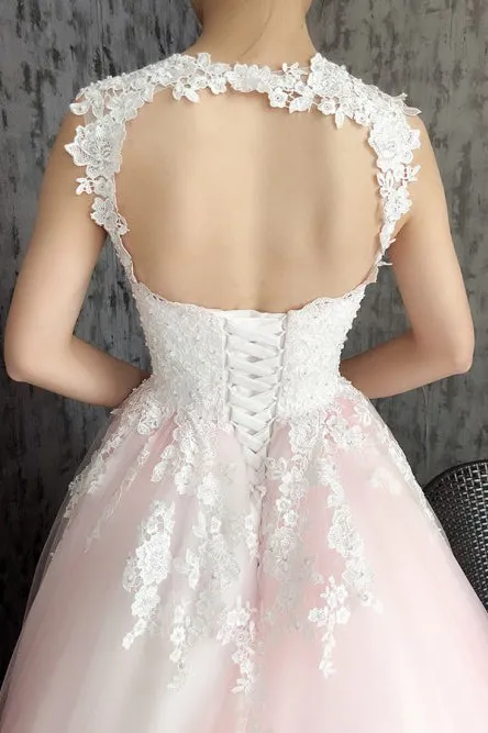 A-Line Scoop Open Back Sweep Train Ombre Wedding Dress with Appliques OHD010