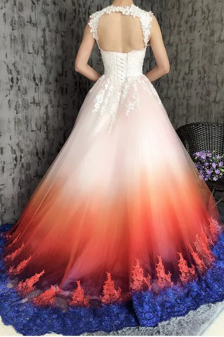A-Line Scoop Open Back Sweep Train Ombre Wedding Dress with Appliques OHD010