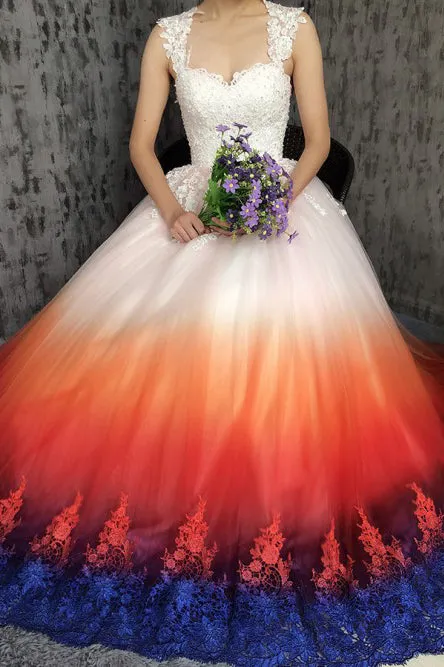 A-Line Scoop Open Back Sweep Train Ombre Wedding Dress with Appliques OHD010