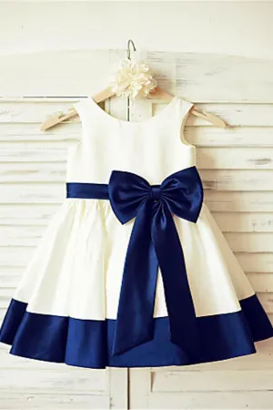 A-line Scoop Sleeveless Bowknot Tea-Length Satin Flower Girl Dress With Blue Sash OK711