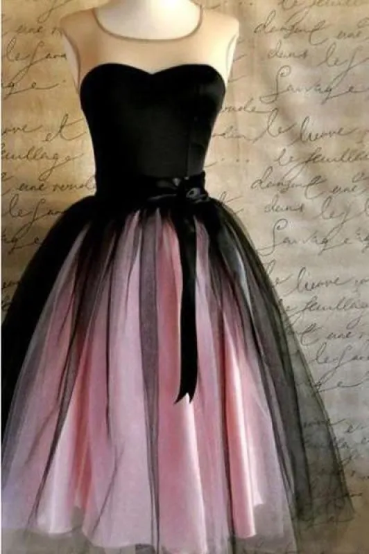 A-line Sleeveless Vintage Ribbons Belt Tulle Short Prom Party Dress Sweet 16 Dresses