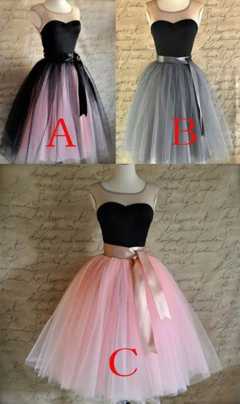 A-line Sleeveless Vintage Ribbons Belt Tulle Short Prom Party Dress Sweet 16 Dresses