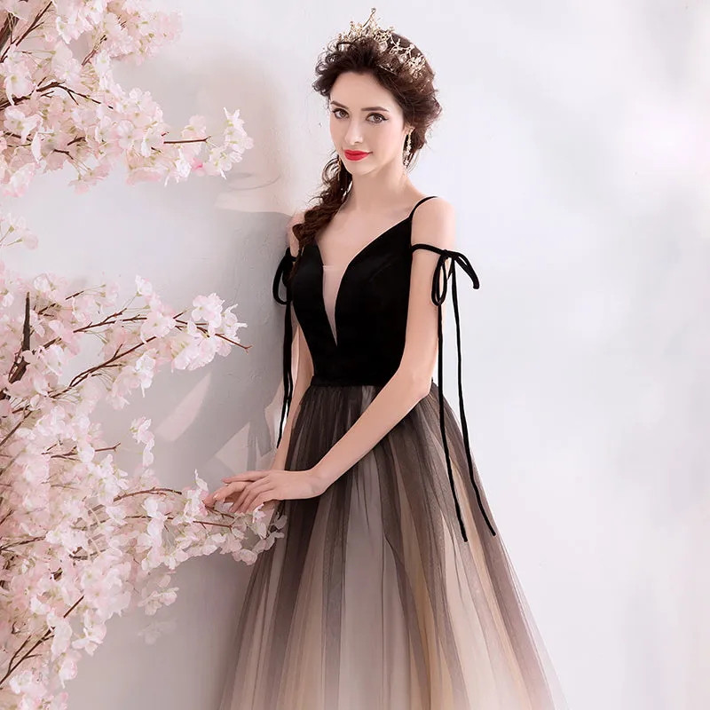 A Line Spaghetti Straps Tulle Long Prom Dresses, Charming Evening Dresses OKQ70