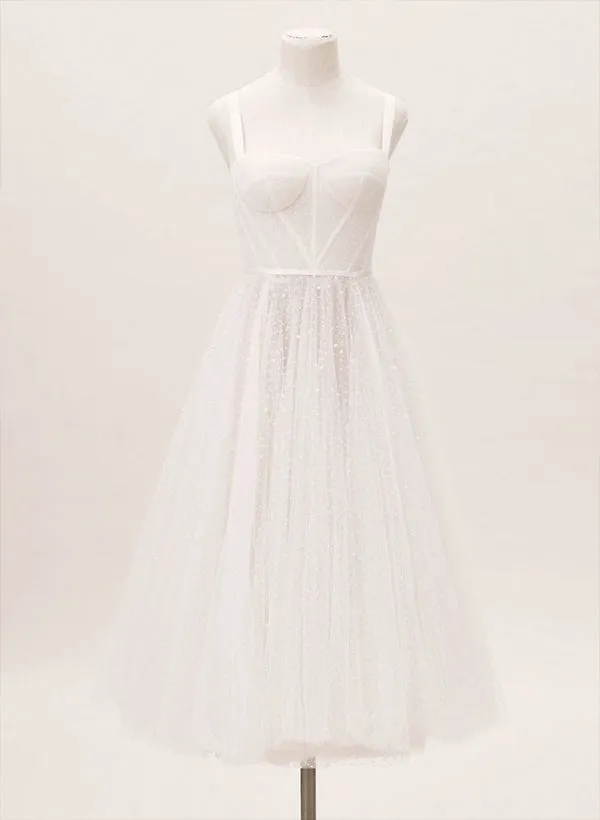 A-Line Sweetheart Sleeveless Tulle Tea-Length Wedding Dresses With Pleated