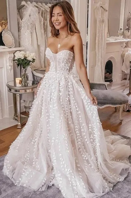 A-Line Sweetheart Sweep Train Ivory Wedding Dress with Appliques OHD089