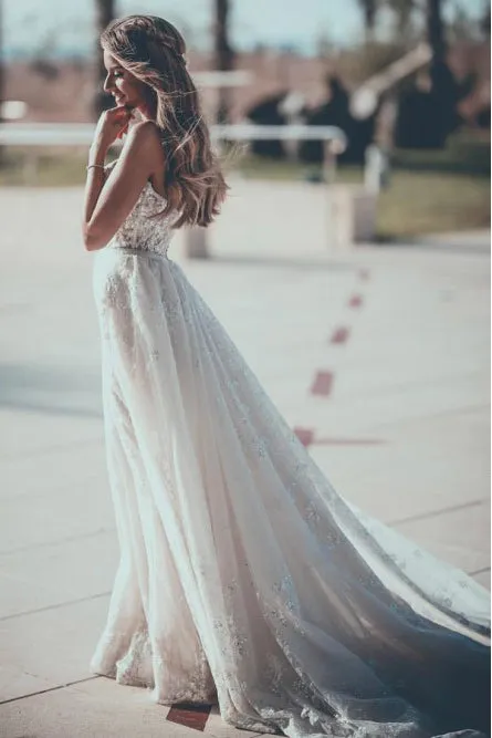 A-Line Sweetheart Sweep Train Wedding Dress with Appliques OHD065