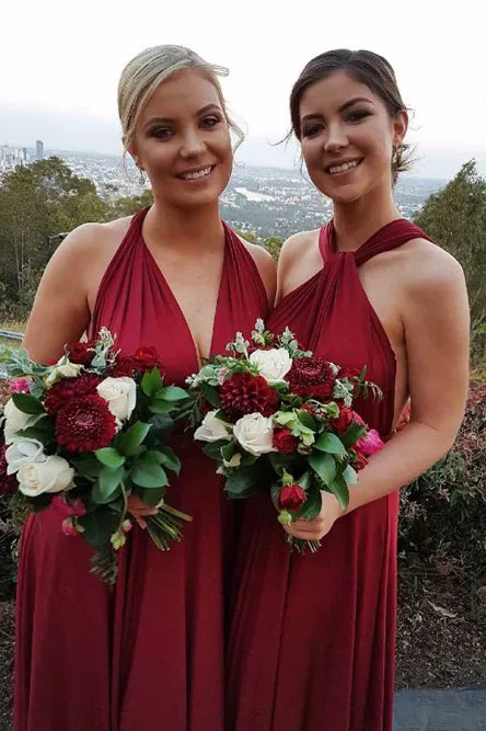 A-Line V-Neck Floor-Length Burgundy Bridesmaid Convertible Dress with Pleats OHS043