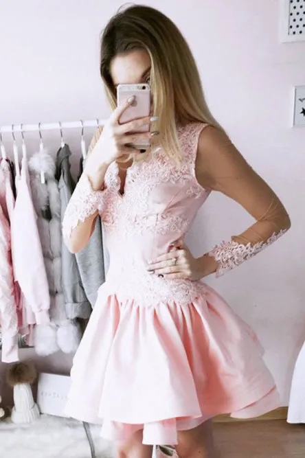 A-line V-neck Lace Bodice Blush Pink Layered Homecoming Dress with Long Sleeves OHM212