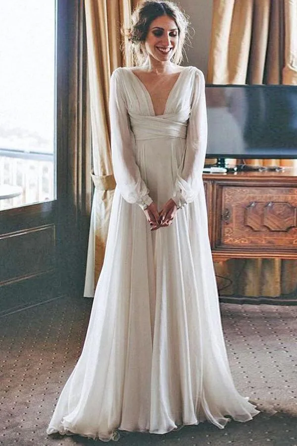 A-Line V-Neck Long Sleeves Sweep Train Chiffon Beach Wedding Dress OHD030