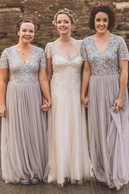 A-Line V-Neck Short Sleeves Floor-Length Grey Bridesmaid Dress with Sequins OHS058