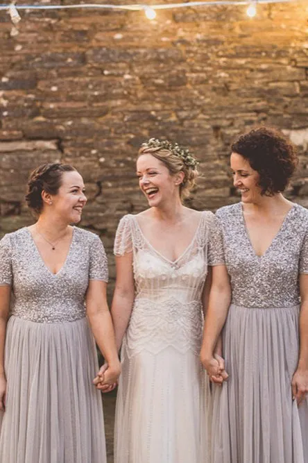 A-Line V-Neck Short Sleeves Floor-Length Grey Bridesmaid Dress with Sequins OHS058