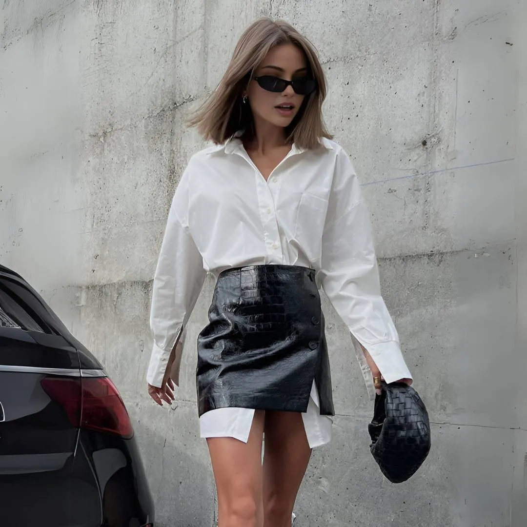 Alice™ | Classic Shirt & Leather Mini Skirt Set