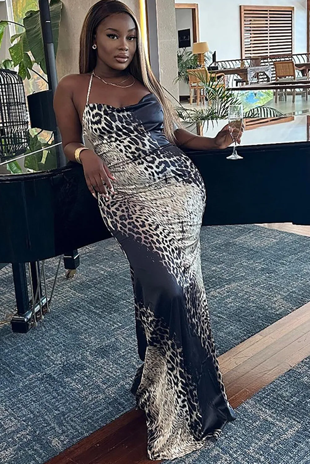 Animal Print Halter Neck Bodycon Cocktail Party Maxi Dresses-Black