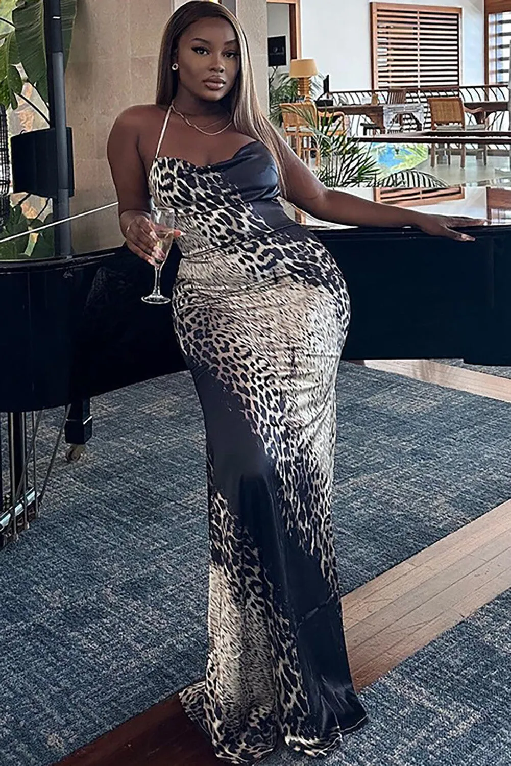 Animal Print Halter Neck Bodycon Cocktail Party Maxi Dresses-Black