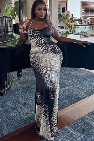 Animal Print Halter Neck Bodycon Cocktail Party Maxi Dresses-Black