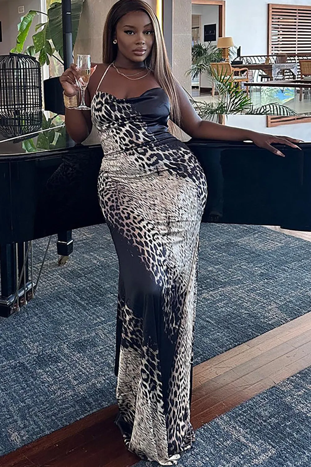 Animal Print Halter Neck Bodycon Cocktail Party Maxi Dresses-Black