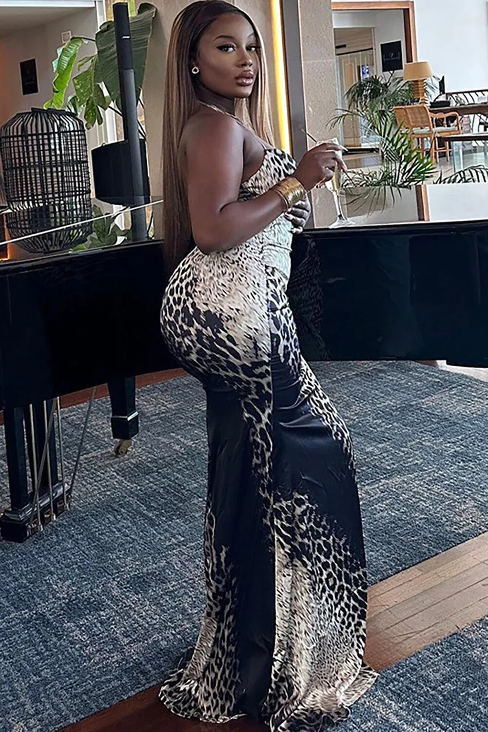 Animal Print Halter Neck Bodycon Cocktail Party Maxi Dresses-Black