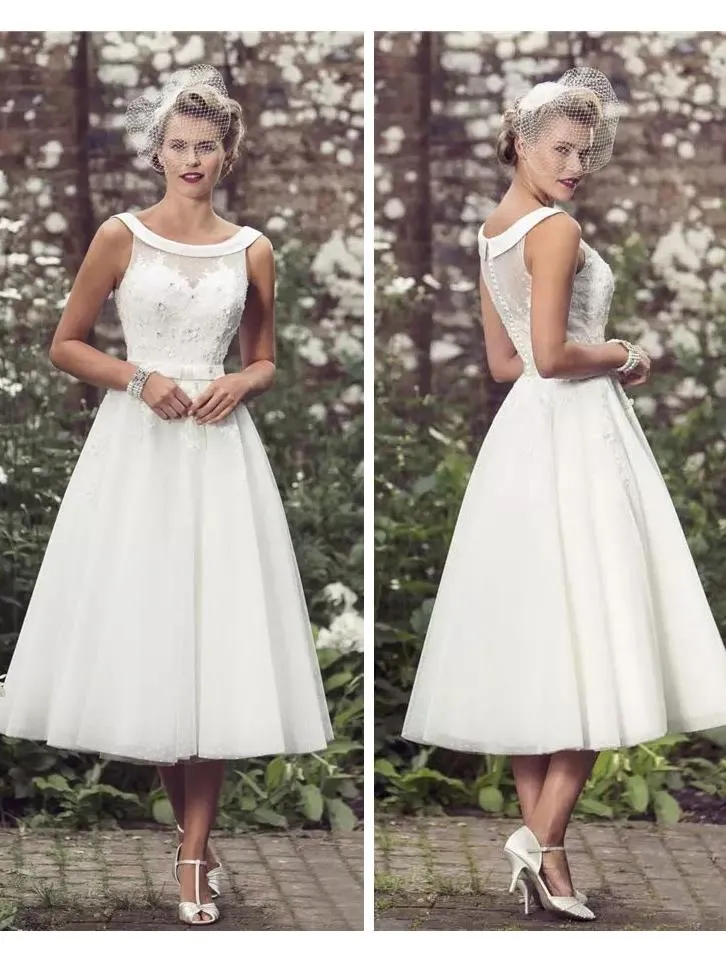 Anneprom Chic A-line Wedding Dresses Scoop Modest Ivory Tea Length Wedding Dress APW0236
