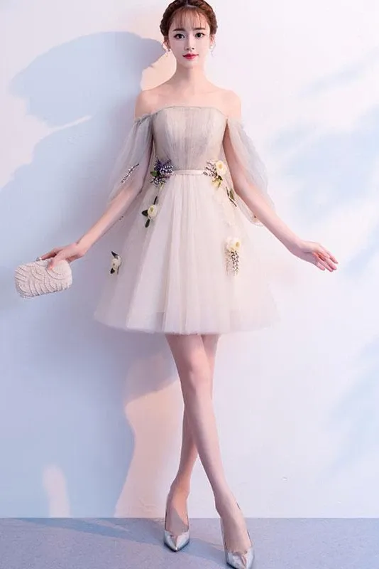 Anneprom Off the Shoulder Long Sleeve Above Knee Tulle Homecoming Dresses, Short Dresses APH0103