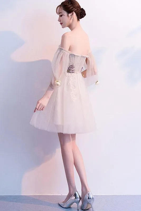 Anneprom Off the Shoulder Long Sleeve Above Knee Tulle Homecoming Dresses, Short Dresses APH0103