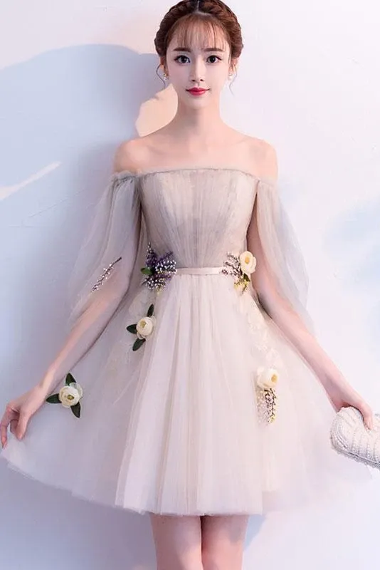 Anneprom Off the Shoulder Long Sleeve Above Knee Tulle Homecoming Dresses, Short Dresses APH0103