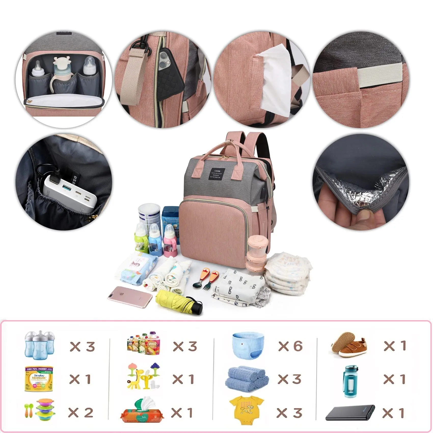 ANWTOTU 7 in 1 Travel Diaper Bag, Mommy Bag With USB Charging Port